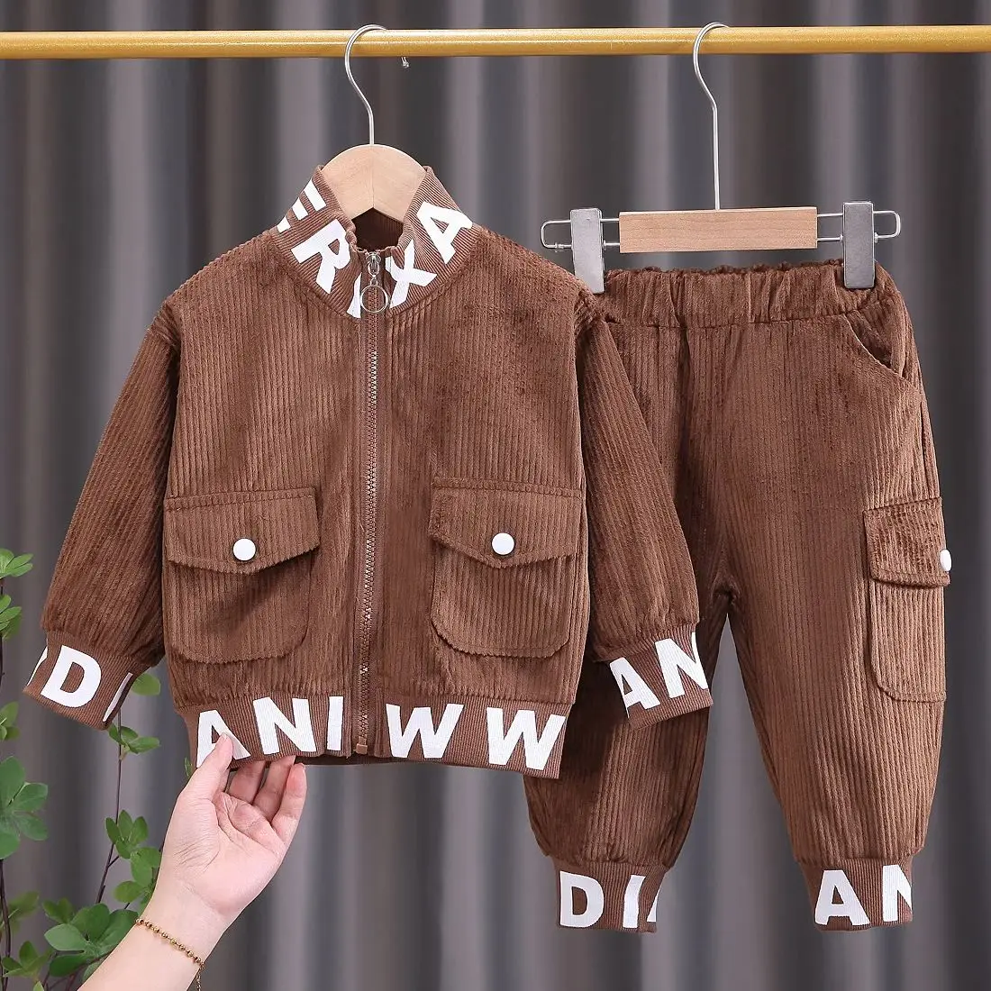 Children Clothing 2024 New Baby Autumn Clothes For Kids Boys Girls Letter Standing Collar Corduroy Jackets+Pants Outfit 2PCS Set