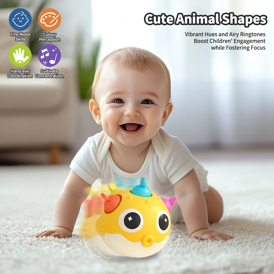 Kugelfisch Baby Roly-Poly Rasselspielzeug mit Beißringknopf, motorische Fähigkeiten, Hand-Auge-Koordination, frühes Lernspielzeug, Geschenk für Neugeborene