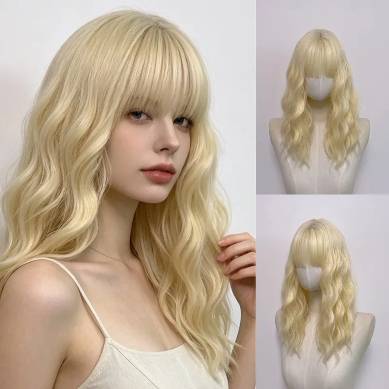 best-selling women's air bangs curly medium-length synthetic rose net matte silk wig full head cover