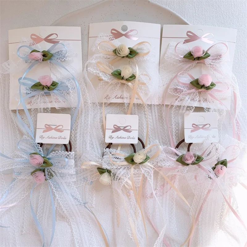 

Милые заколки для волос с цветами, бантиками и кружевом, боковые заколки, резинки для волос для девочек, эластичные держатели для хвоста, милые нескользящие аксессуары для волос