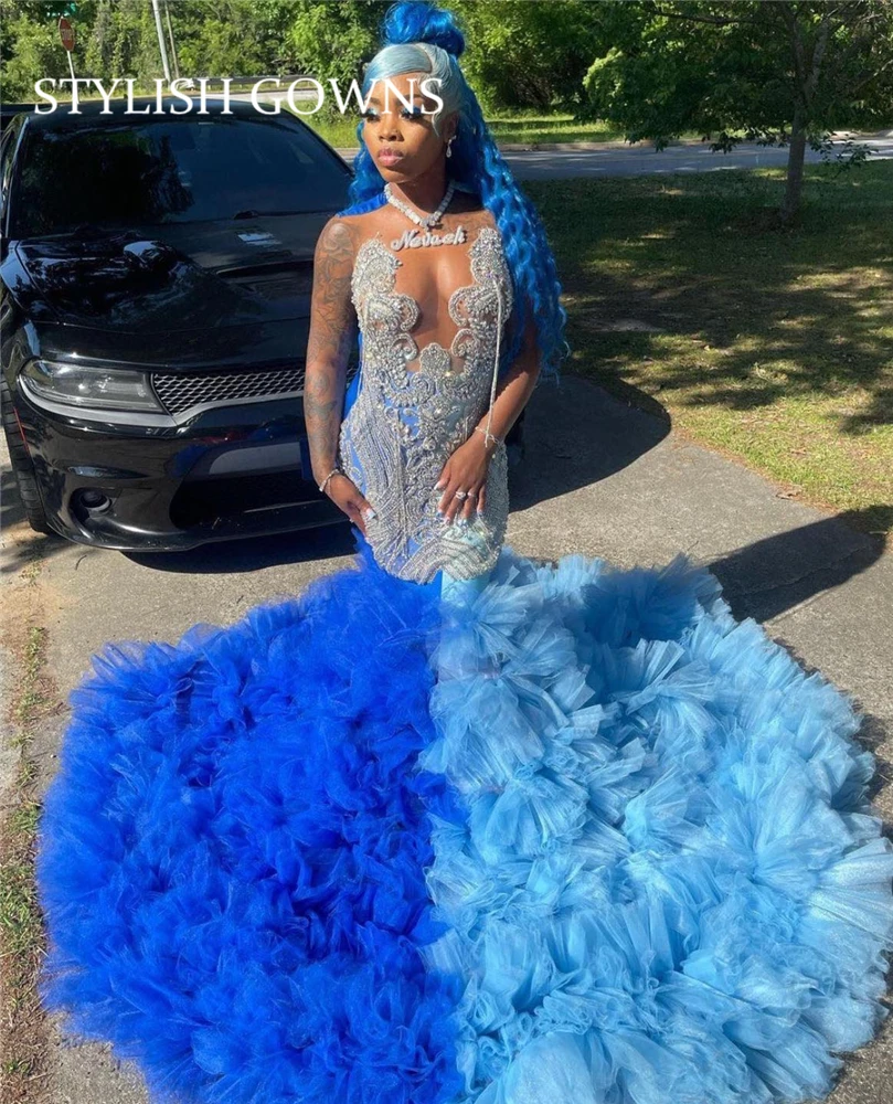 Blue O Neck Long Prom Dress For Black Girls Beaded Crystal Tassel Birthday Party Dresses Ruffles Evening Gowns Gown Customized