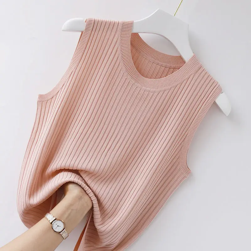 Loose Large Size Ice Shreds Women Sleeveless Solid Color Round Neck Top Lady Summer Thin Affordable Knitting Stripe Vest