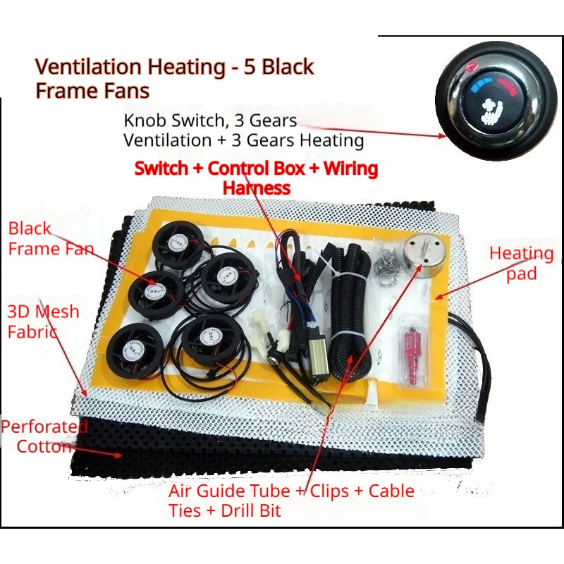 

Car Seat Ventilation Accessories, Rotary Switch+5 Black Framed Fans
