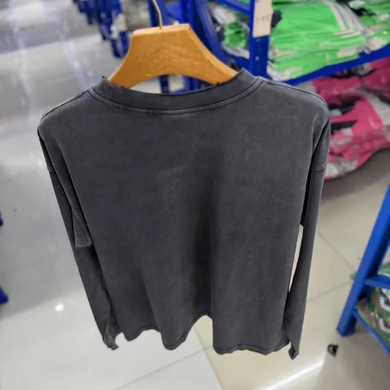 Retro Font Long Sleeve Men T Shirt Saint Washed Black Oversized Street Top