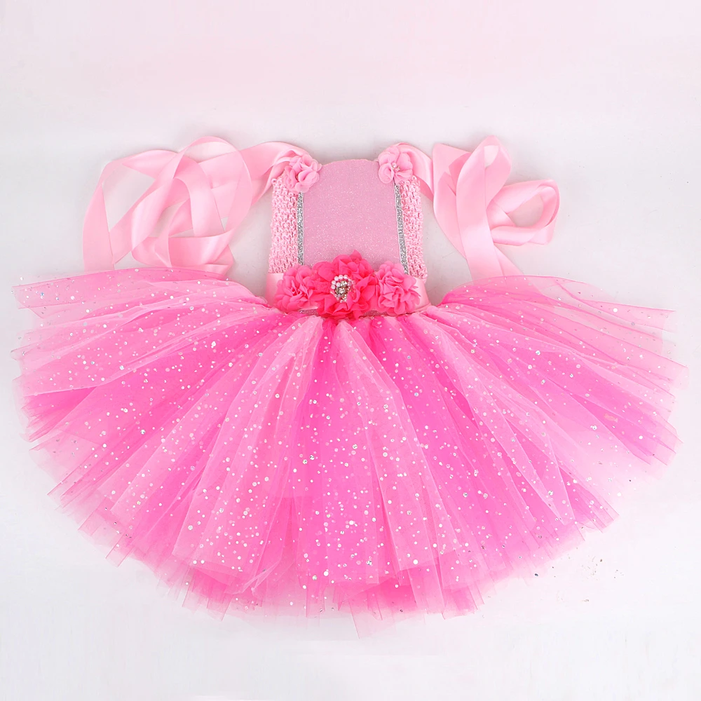 Sparkly Pink Fairy Tutu Dress for Girls Birthday Halloween Costumes for Kids Butterfly Wings Outfit Flower Girl Princess Dresses