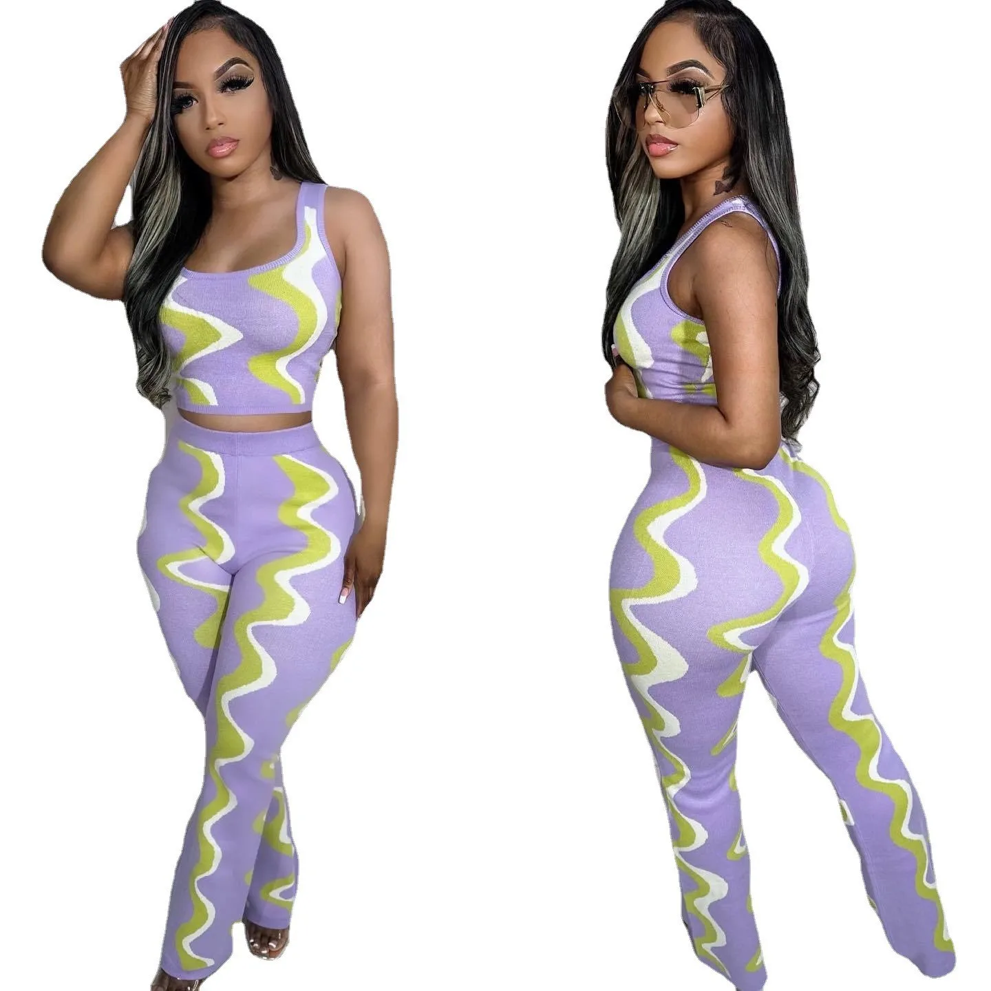 Y5248 Summer European and American Fashion Women's Sexy Sleeveless Positioning Digital Printing Pit Stripe Two Piece Set