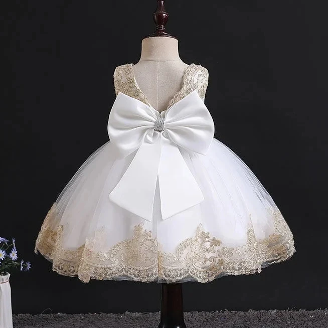 Girl\'s Open Back Dress Big Bow Lace Bridesmaid Dress Girl Teen White Wedding Party Prom Princess Dresses 0-6Y