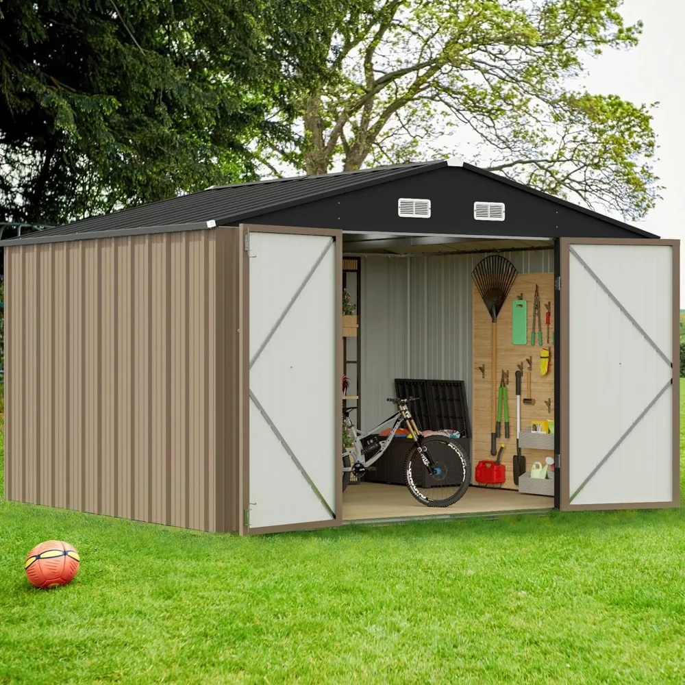 Cobertizo de almacenamiento para exteriores, cobertizo de jardín de Metal con puerta bloqueable, cobertizo de herramientas impermeable para patio trasero, 10X8 pies