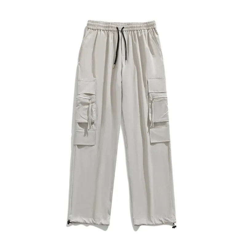 Men's Spring Autumn Solid High Waisted Drawstring Pockets with Elastic Zipper for Casual Loose Wide Leg Trousers Vintage Pants
