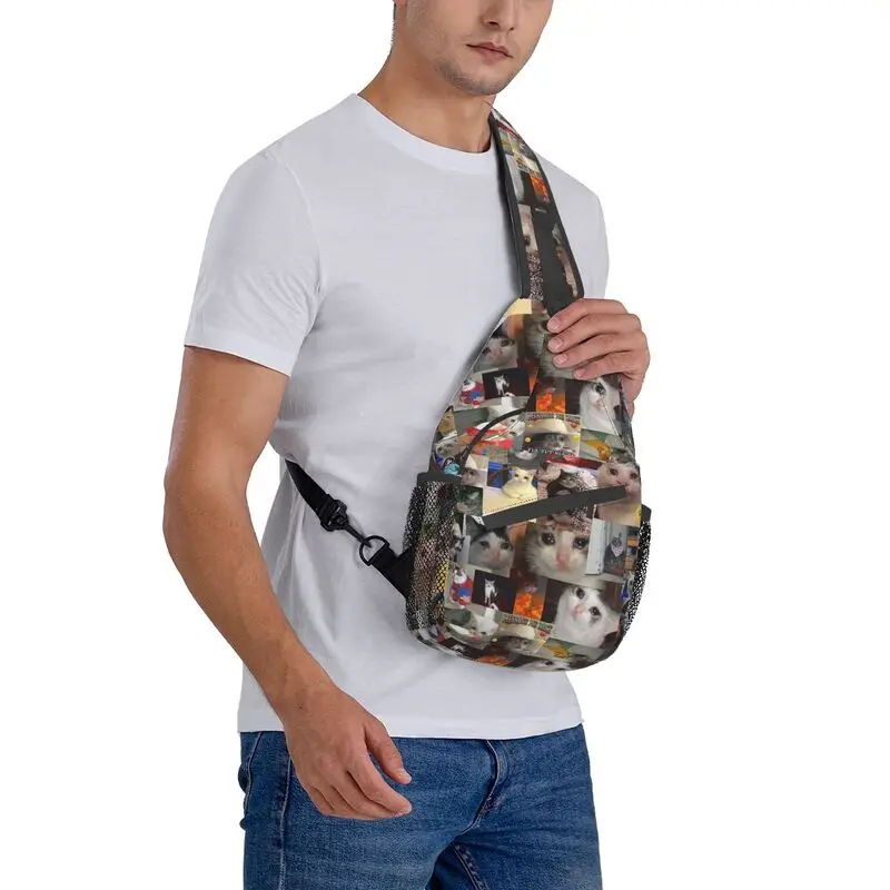 Cool Crying Cat Sling mochila cruzada para hombres, Animal, mascota, gato, bolso de pecho de hombro para senderismo