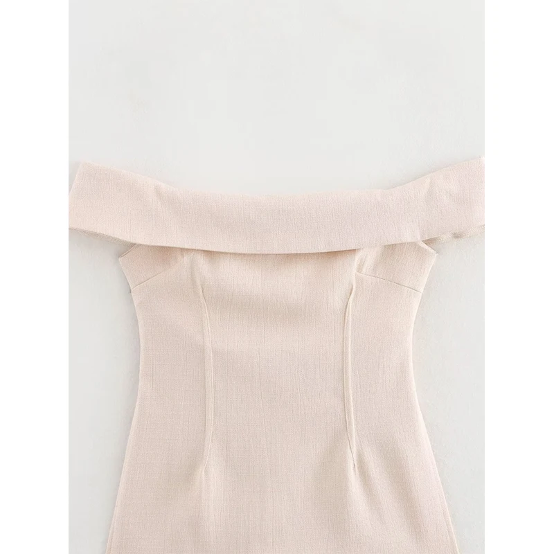 YENKYE New Women Side Slit Sexy Off Shoulder Tops Short Sleeve Beige High Street Female Blouse