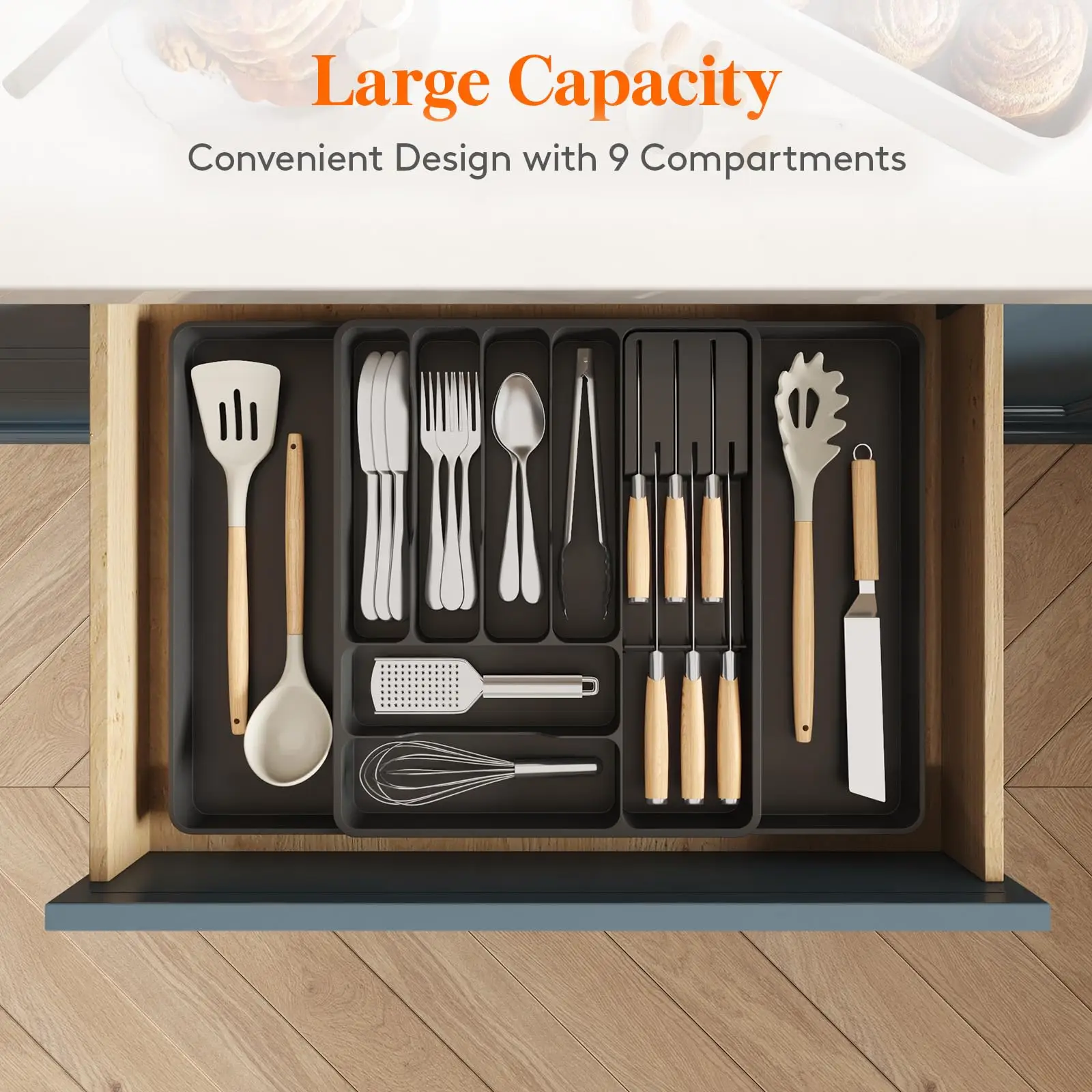 Silverware Drawer Organizer Expandable Utensil Tray with Removable Knife Block Utensil Storage Trays for Knives and Forks