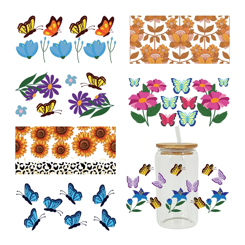 Cartoon Beautiful Flower Butterfly 3D UV DTF Cup Wrap Transfers Stickers Waterproof For 16oz Glass Wrap D5021