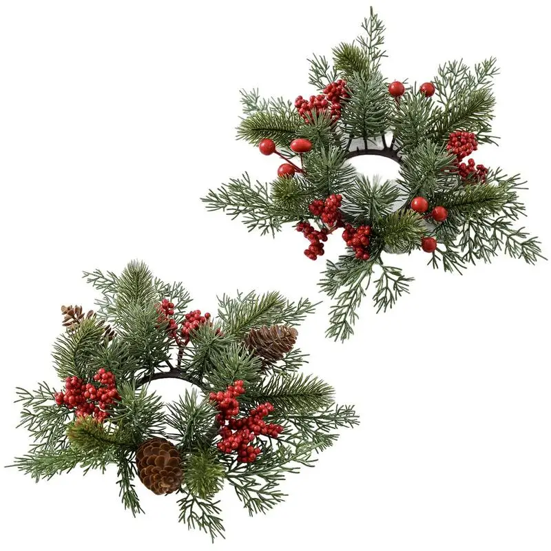 Christmas Candle Rings for Pillars Artificial Christmas Wreath Candle Rings Candle Holder Ring Red Berries Table Centerpieces