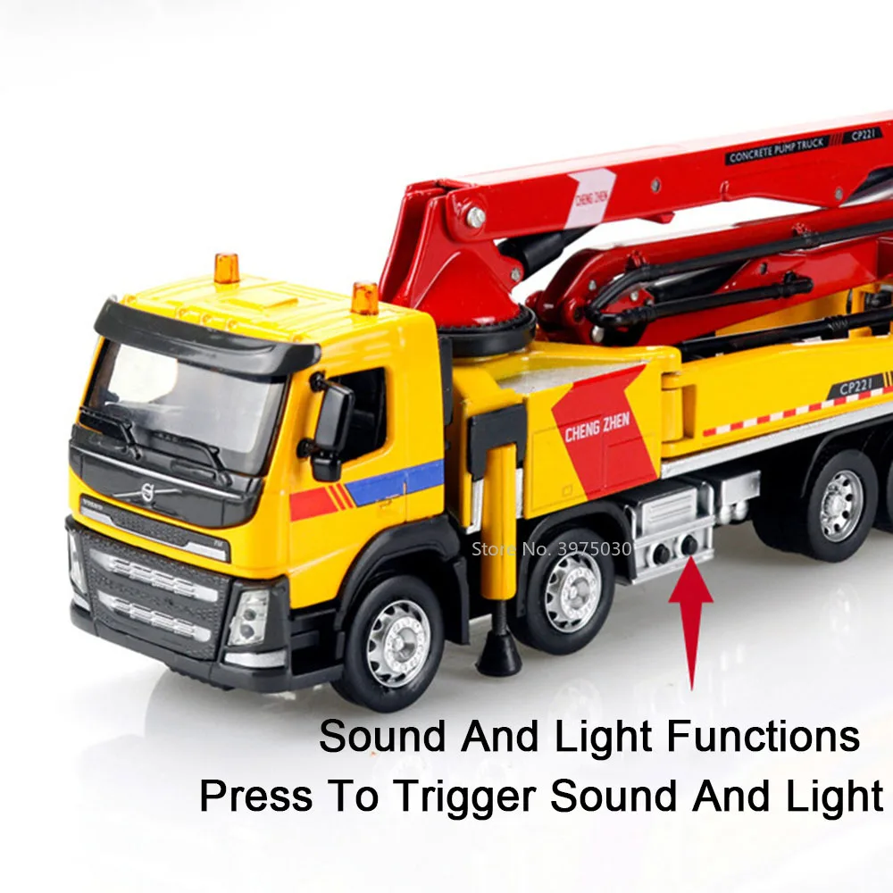 1/50 Alloy Large Engineering Vehicle Model Toy Volvo Concrete Cement Pump Truck Sound Light Arm Frame Extendable Gifts for Boys