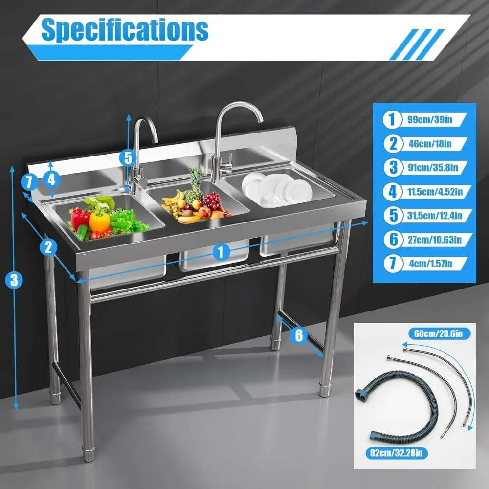 

Stainless Steel Utility Sink 3 Compartment Free Standing Kitchen Sink with Cold and Hot Water Pipe, 39'' ×18'' ×36''