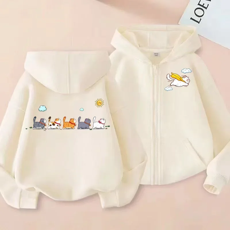 

Cute and Fun "Cat Line Up" Printed Children's Zipper Sweater Hoodie Versatile Children's Fun Top
