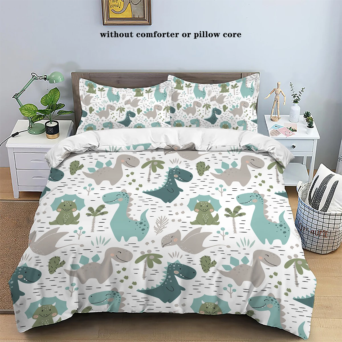 3-piece down duvet cover set with cartoon dinosaur lion pattern print (1 duvet cover+2 pillowcases, no core) soft bedding set