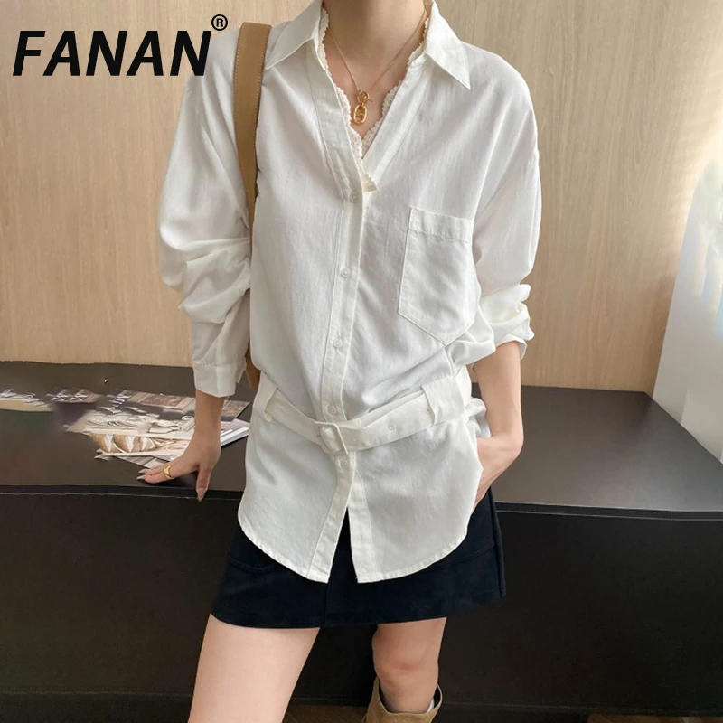 

FANAN Elegant Belt Gathered Waist Shirts For Women Lapel Single Breasted Office Lady Linen White Blouses Female 2025 Autumn New