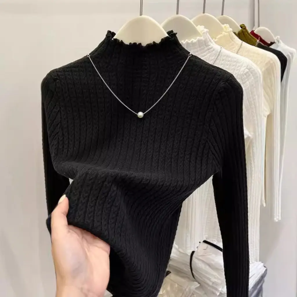 Women's Slim-fit Sweater with Half-high Collar And Wood-Ear Edge Autumn Winter Base Shirt Twist Eight Patterns All-match