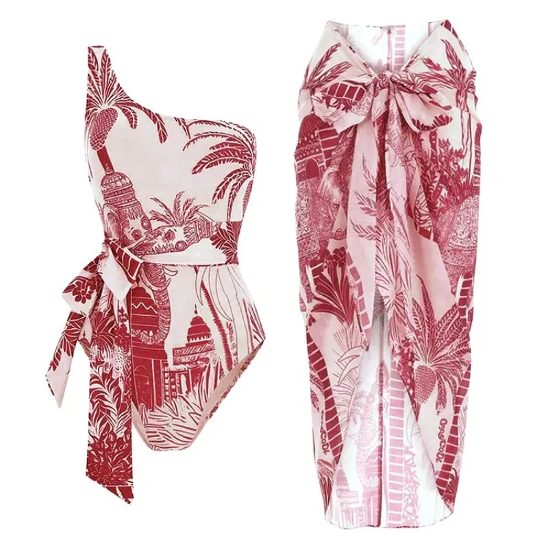 One Piece Swimsuit For Women European And American Swimwear Single Shoulder Strap Coconut Tree Print One-piece Swimsuit Suit Wom