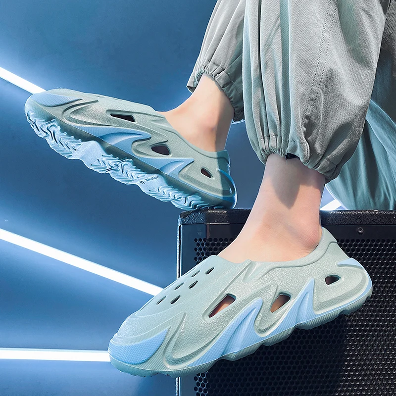 Men's Summer Outdoor Slip-On Sandals Breathable Soft Bottom Sports Clog Shoes Flat Heel Pure Color Rubber Outsole
