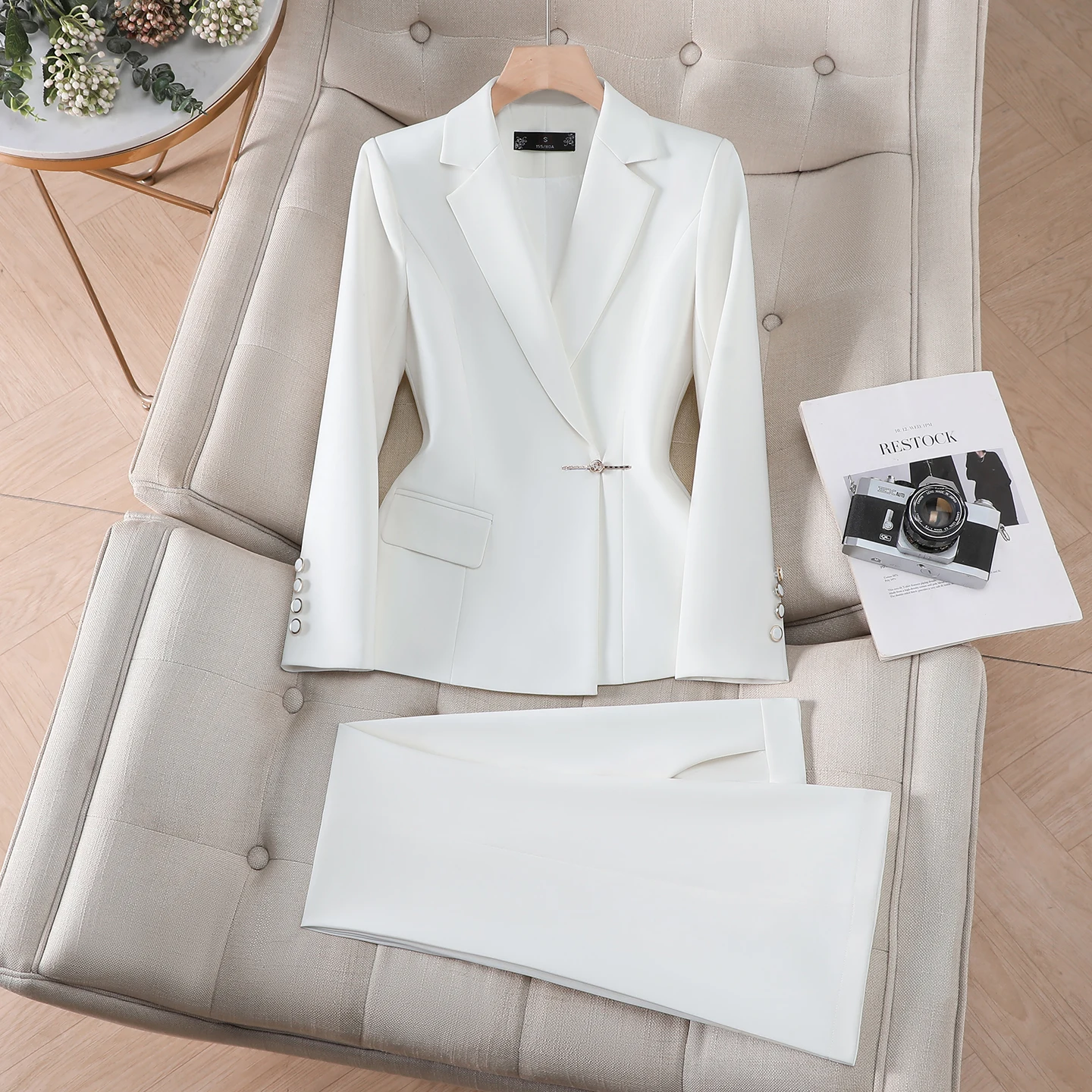 ZJYT Elegant Woman 2 Piece Set Outfit Full Sets Lady Spring Classic Women's Blazer Pants Suit White Formal Office Wear Plus Size