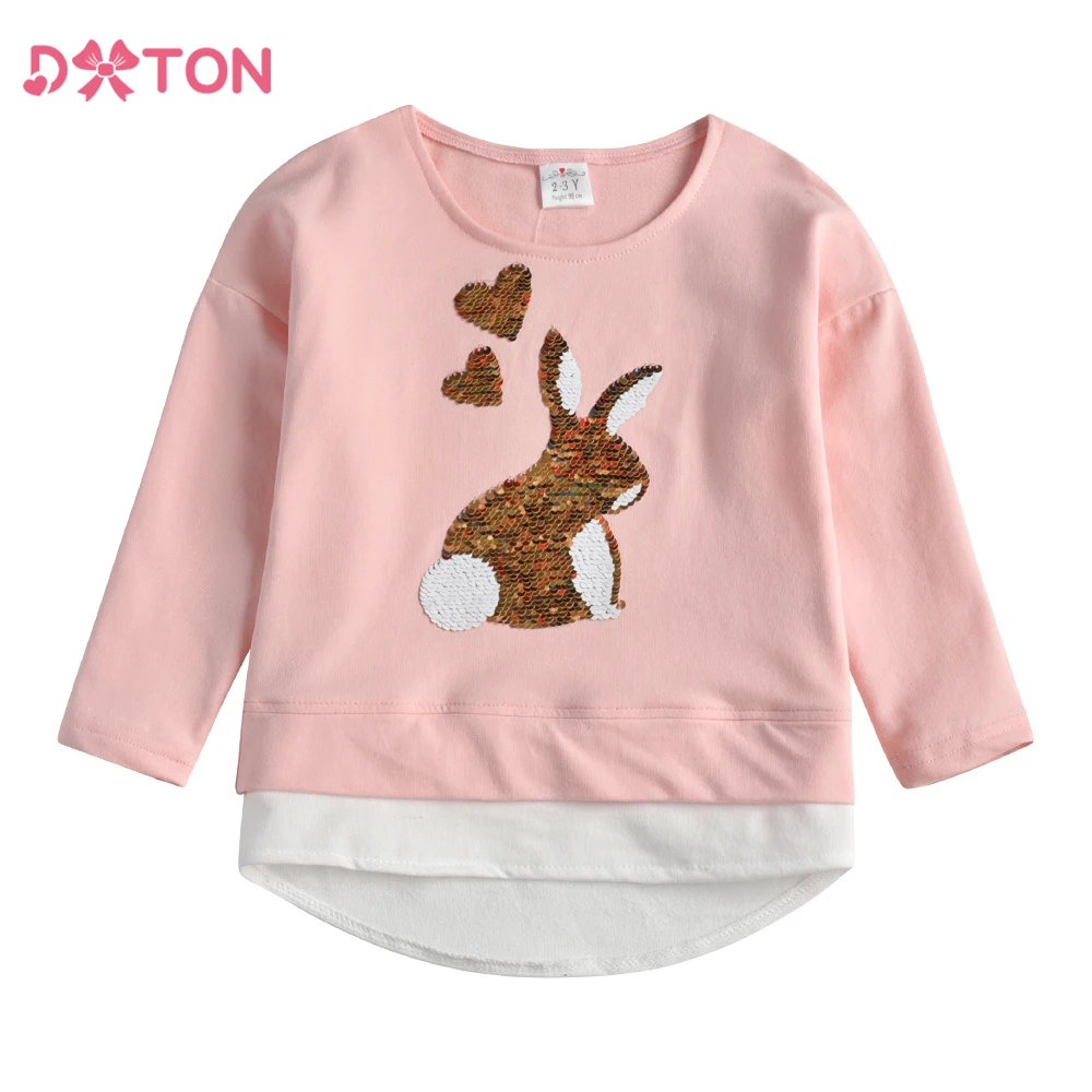 DXTON Autumn Girls T-shirt Cotton Toddlers Long Sleeve Tops For Girls Rabbit Sequin New Year Casual T-shirts Kids Clothing 3-12Y