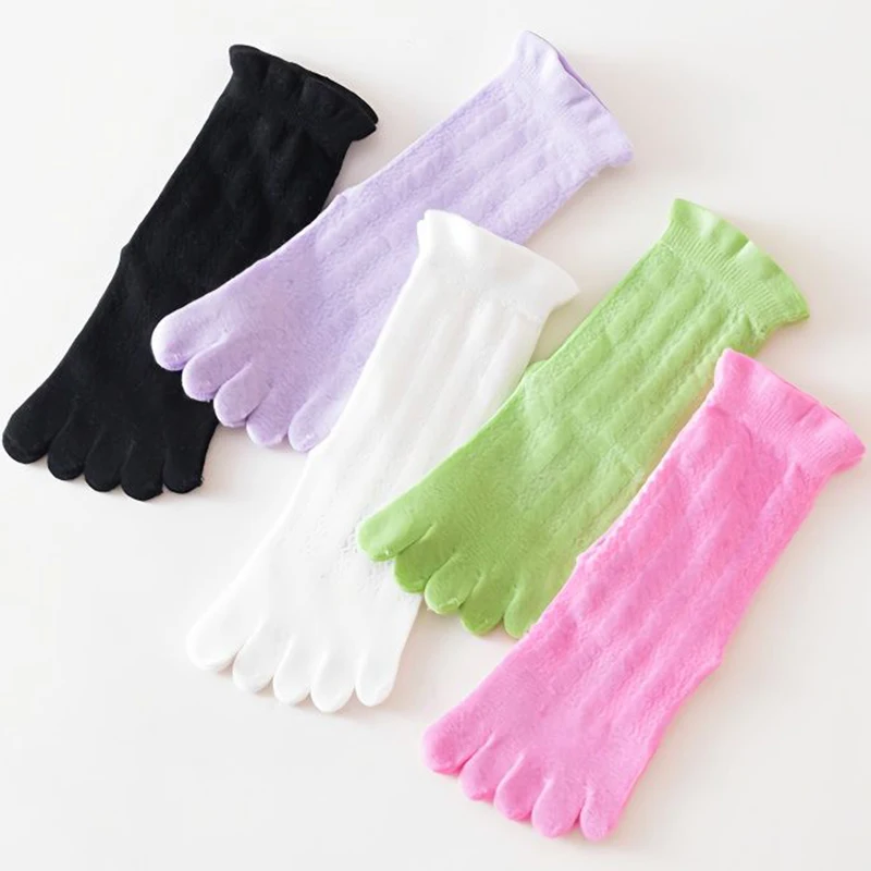 

5 Pairs Baby Girls Thin Long Socks with Toes Spring Summer Mesh Breathable Solid Cotton Black Pink White 5 Finger Sock Long Tube