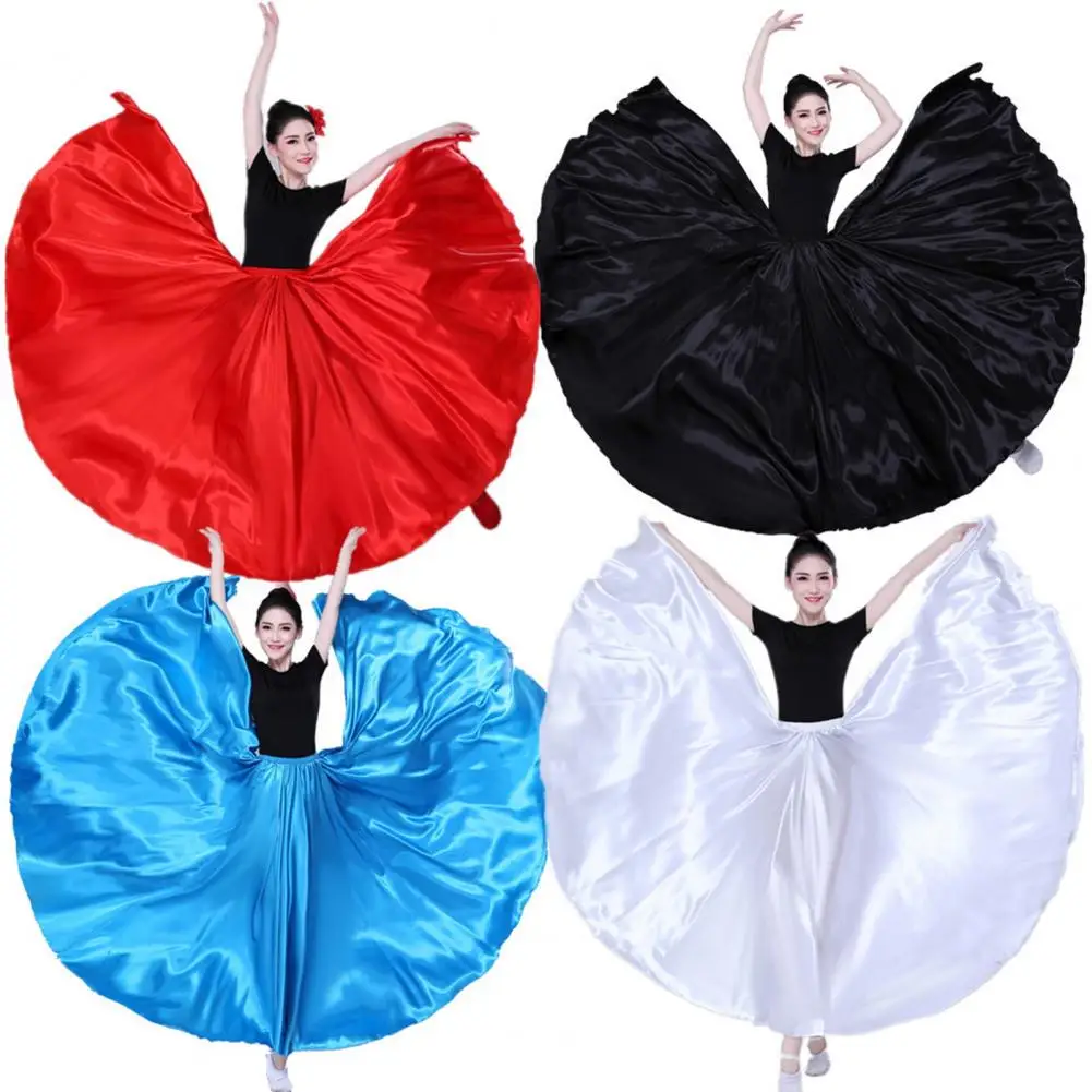 Women Performance Skirt High Elastic Waist Pleated Super Big Hem Satin Long Spanish Skirt Swing Dancing Skirt