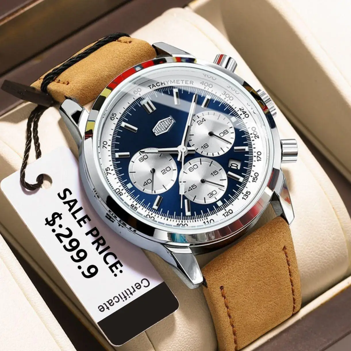 HEROFORCE Classic Silver Blue Chronograph Watch for Men, Comfort Brown Genuine Leather Band, Multi Chronograph Stopwatch Function, Luminous Dial & Calendar