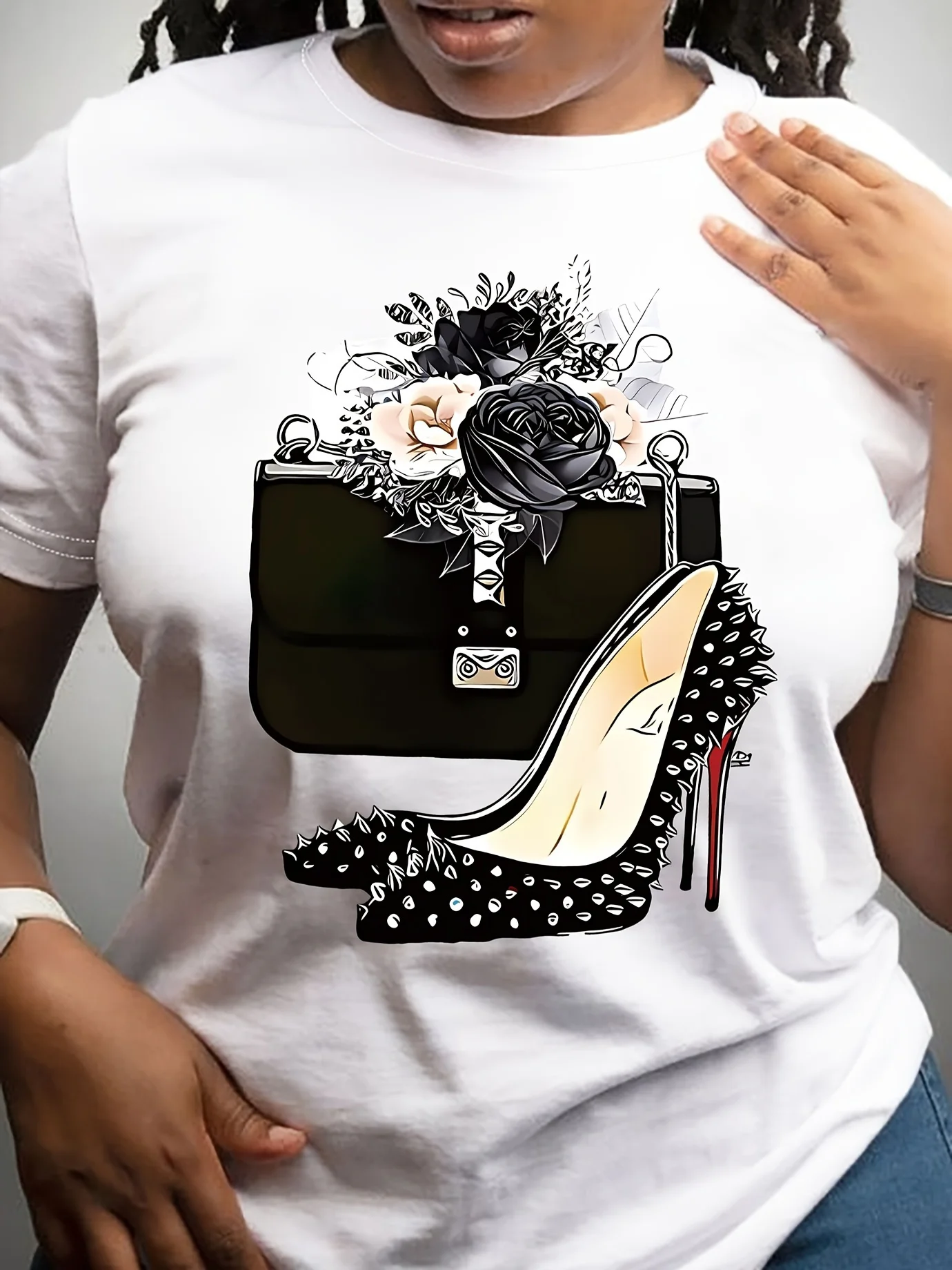 

Women's Chic High Heel & Floral Print T-Shirt - Casual Crew Neck Short Sleeve Top, Breathable & Comfortable for Summer Fashion
