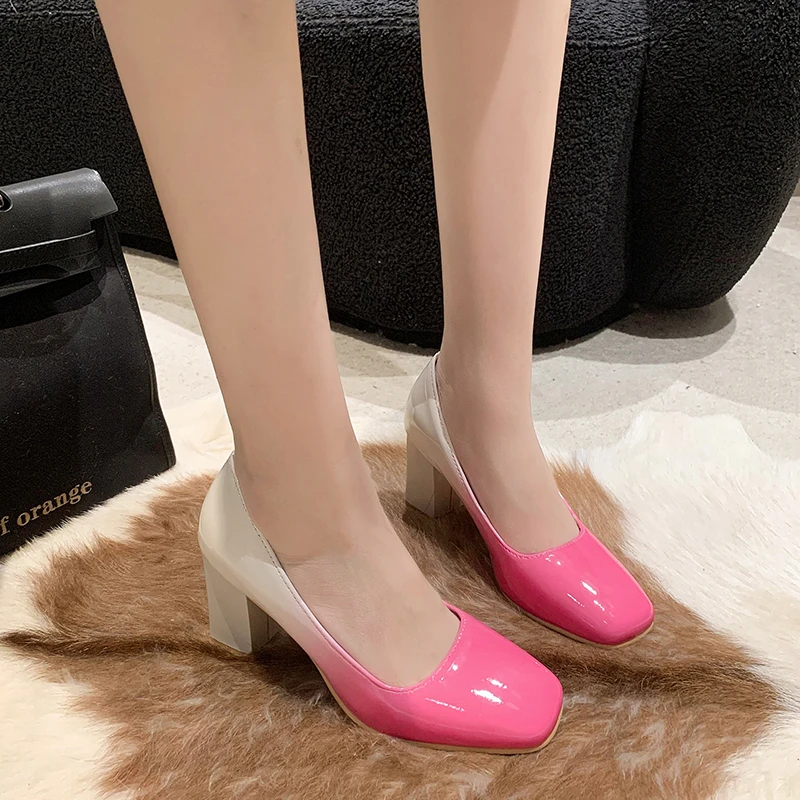 Aphixta 7.5cm Square Tou Patent Leather Shoes Women Pumps Gradient Color Thick Heels Party Shoes Super Big Plus Size 50