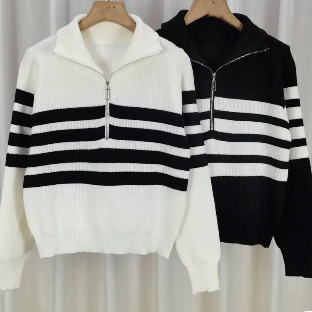Leisure Long Sleeve Knit Stripe Sweater Slim Fit Zipper Knitted Crop Top Soft Autumn Winter Crochet Knitwear Autumn Spring