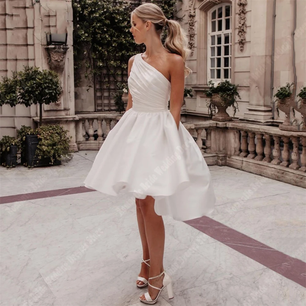 Eleganti donne Mini abiti da sposa corti superficie satinata lucida senza maniche a-line abiti da sposa principessa banchetto Vestidos De Novias