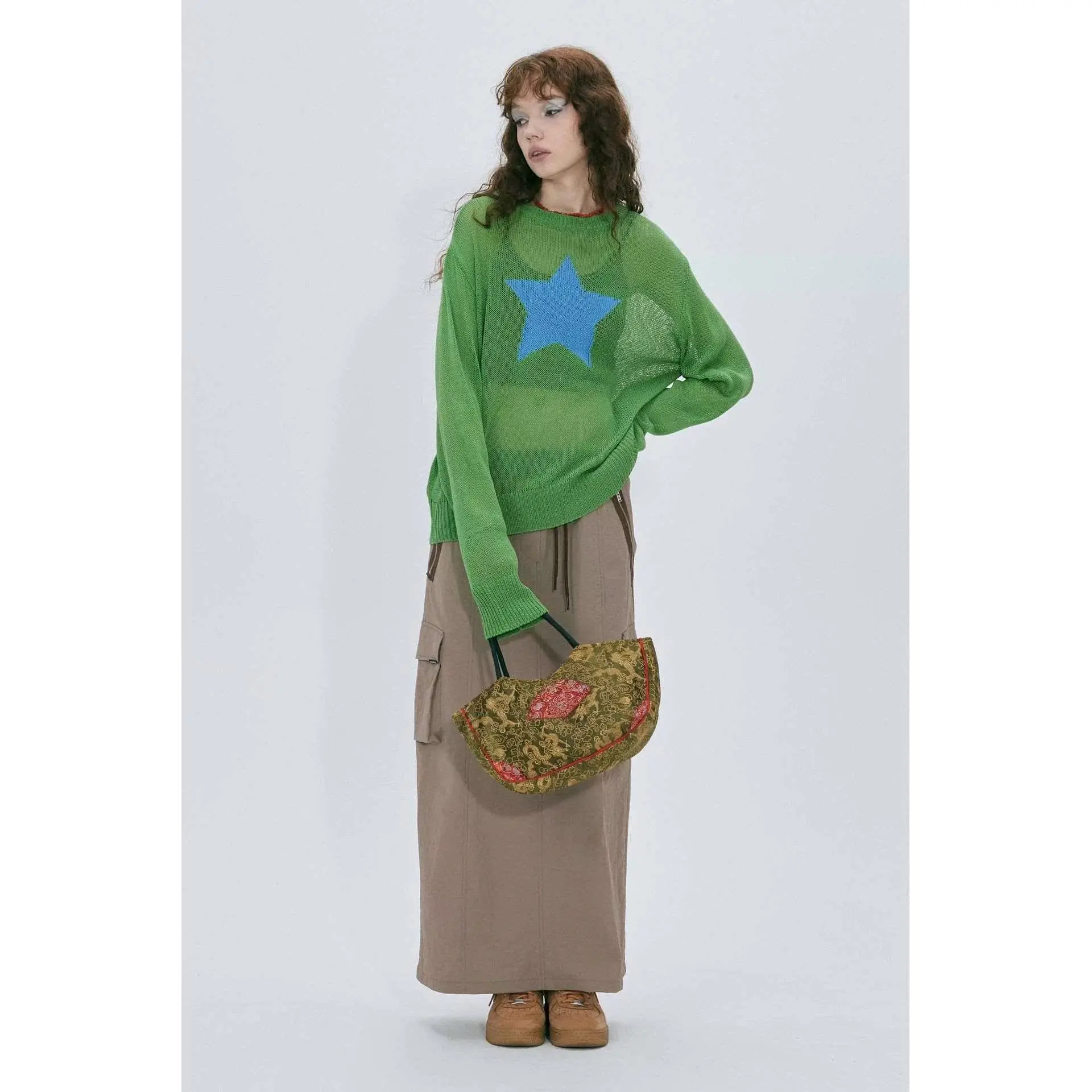 Sexy Hollow out Star Pattern See tough Knitted T irt Women's Outerwear Long Sve round Ne Top Trendy Street Sle