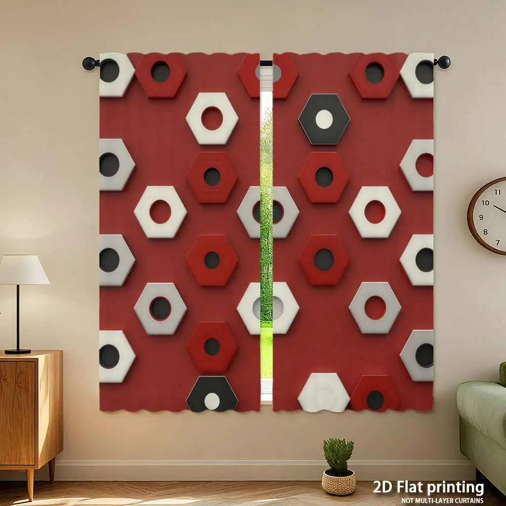 Red Hexagon Geometric Pattern Curtain for Home Decoration Modern Abstract Print Stylish Window Treatment Curtain