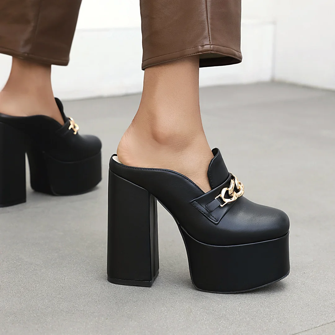 Summer Women Platform Sandals Black Yellow High Chunky Heels Mules Sexy Party Lady Slides Buckle Strap Chain Square Toe Slippers