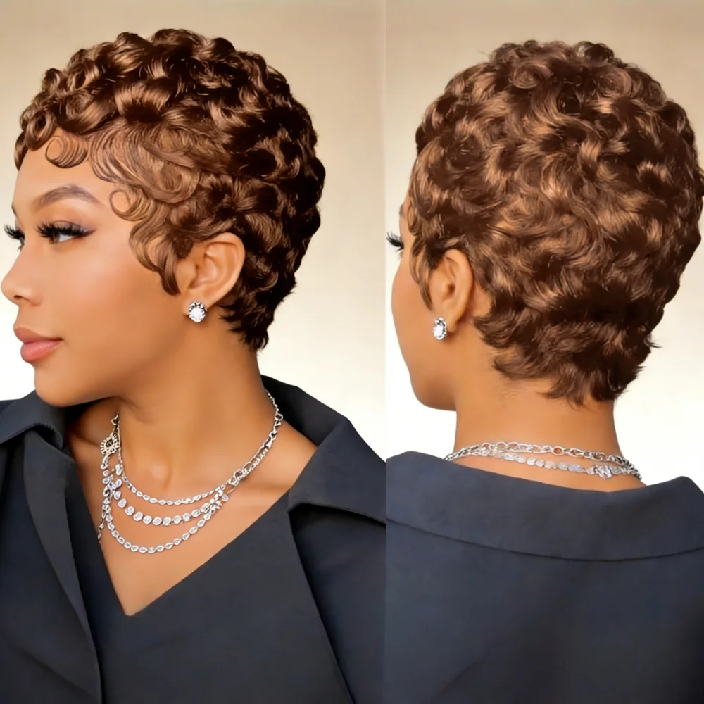 6-Inch Remy Human Hair Pixie Curly Wave Wig with Bangs | 150% Density Full Machine Made Wig, Easy To Wear for Daily Use & Partie image 2