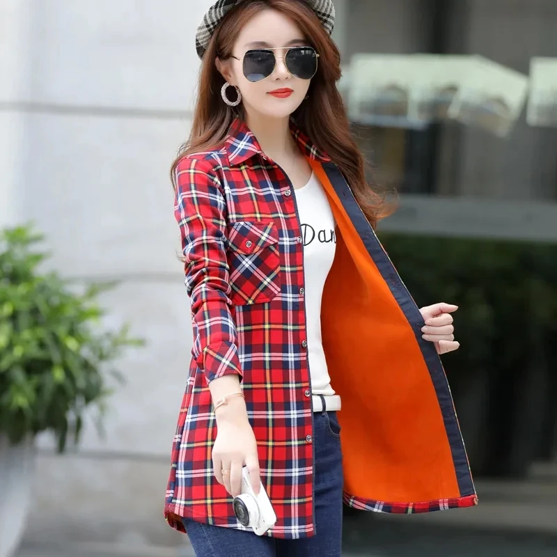 2023 Winter Plaid Shirt Women Warm Long Korean Version Of the New Elastic Slim Fleece Middle-aged Thick Coat Women