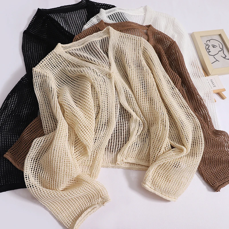 

Women Mesh Hollow Out Cardigan Casual V-neck Loose Buttons Sunscreen Shirt New Outer Wear Lazy Long Sleeved Versatile Top Summer
