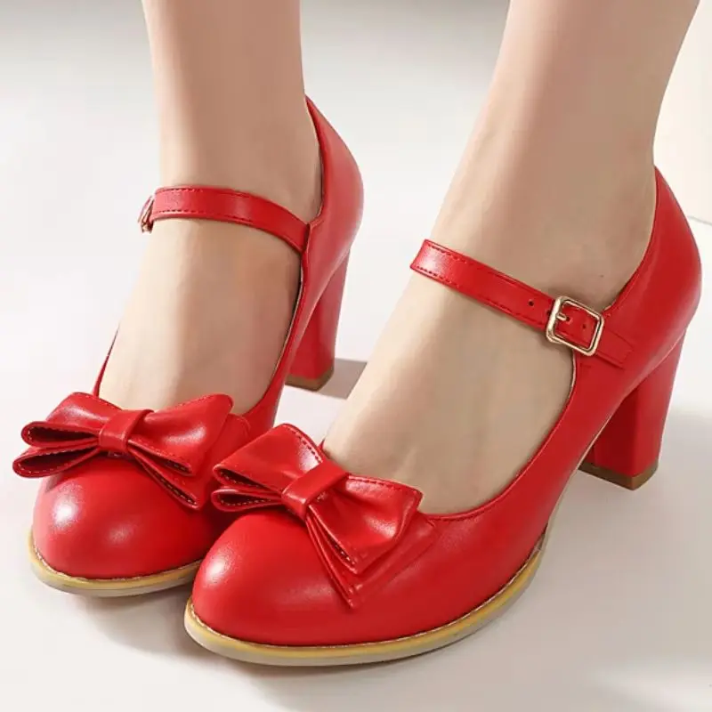 

Elegant Women Lolita Style Pumps Pink Heels Mary Jane Shoes Bow Decor Girls Dance Party OL Dress Shoes Plus Size 43 48