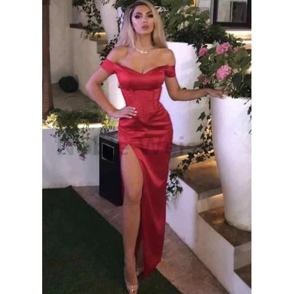

Off Shoulder Satin Prom Dress Elegant Mermaid Floor Length Gown with Split Customize