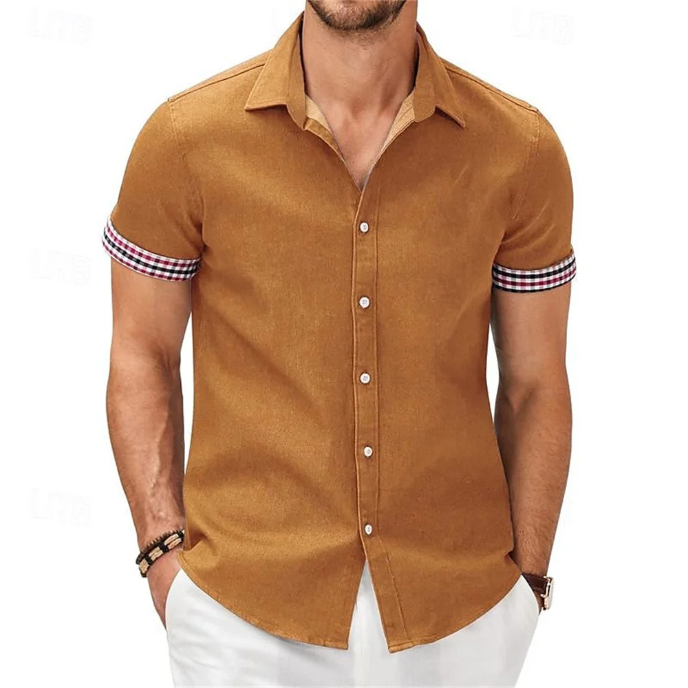 Camisa estampada de Color liso para hombre, traje de trabajo callejero al aire libre, informal de negocios, Top de manga corta con cuello abatible, novedad de verano 2024