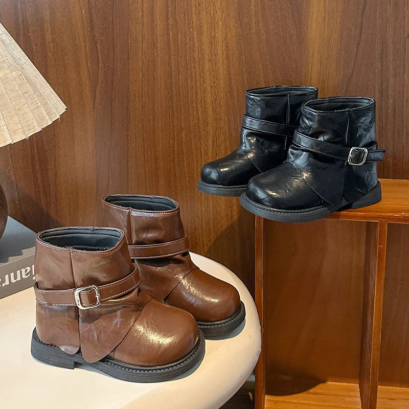 

Детские ботинки принцессы, модные короткие сапоги для девочек в британском стиле, универсальные ботинки с круглым носком, осень-зима 2023, новые детские кожаные сапоги