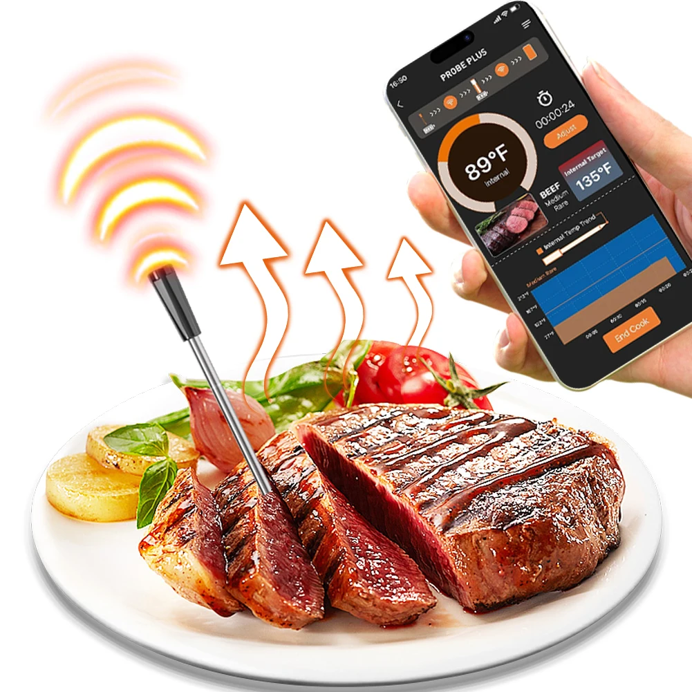 Smart Meat Thermometer Wireless Meat Thermometer Bluetooth-Compatible Cordless Meat Thermometer Long Range for Smoker Rotisserie