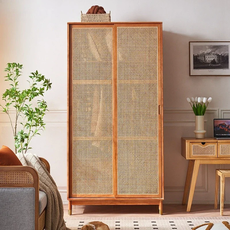 solid wood double door wardrobe bedroom storage locker household sliding door rattan wardrobe simple small apartment