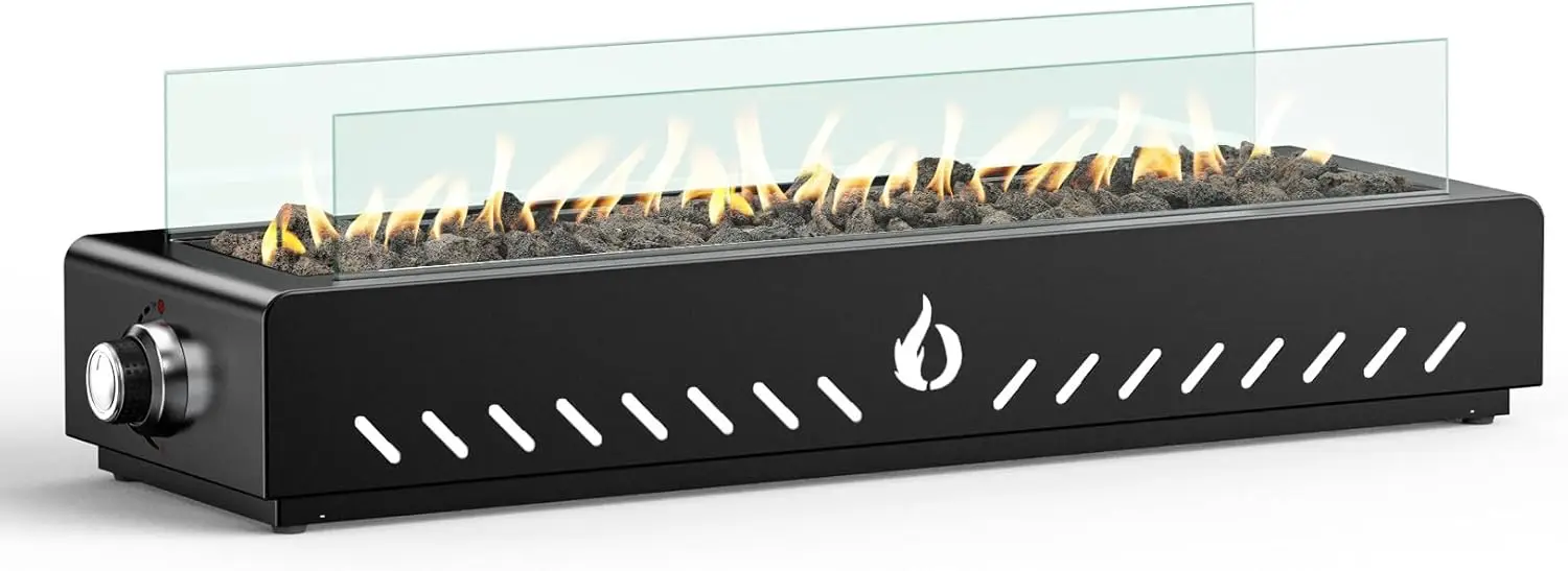 

28" Tabletop FirePit Bottom-Mounted, Outdoor Gas Fire Table with Glass Wind Guard & Lava Rocks, Propane Smokeless Fireplace