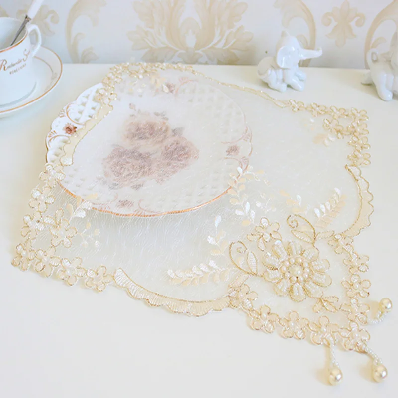 NEW Mesh beads gold flower embroidery table place mat cloth kitchen wedding Christmas placemat Table decoration and accessories