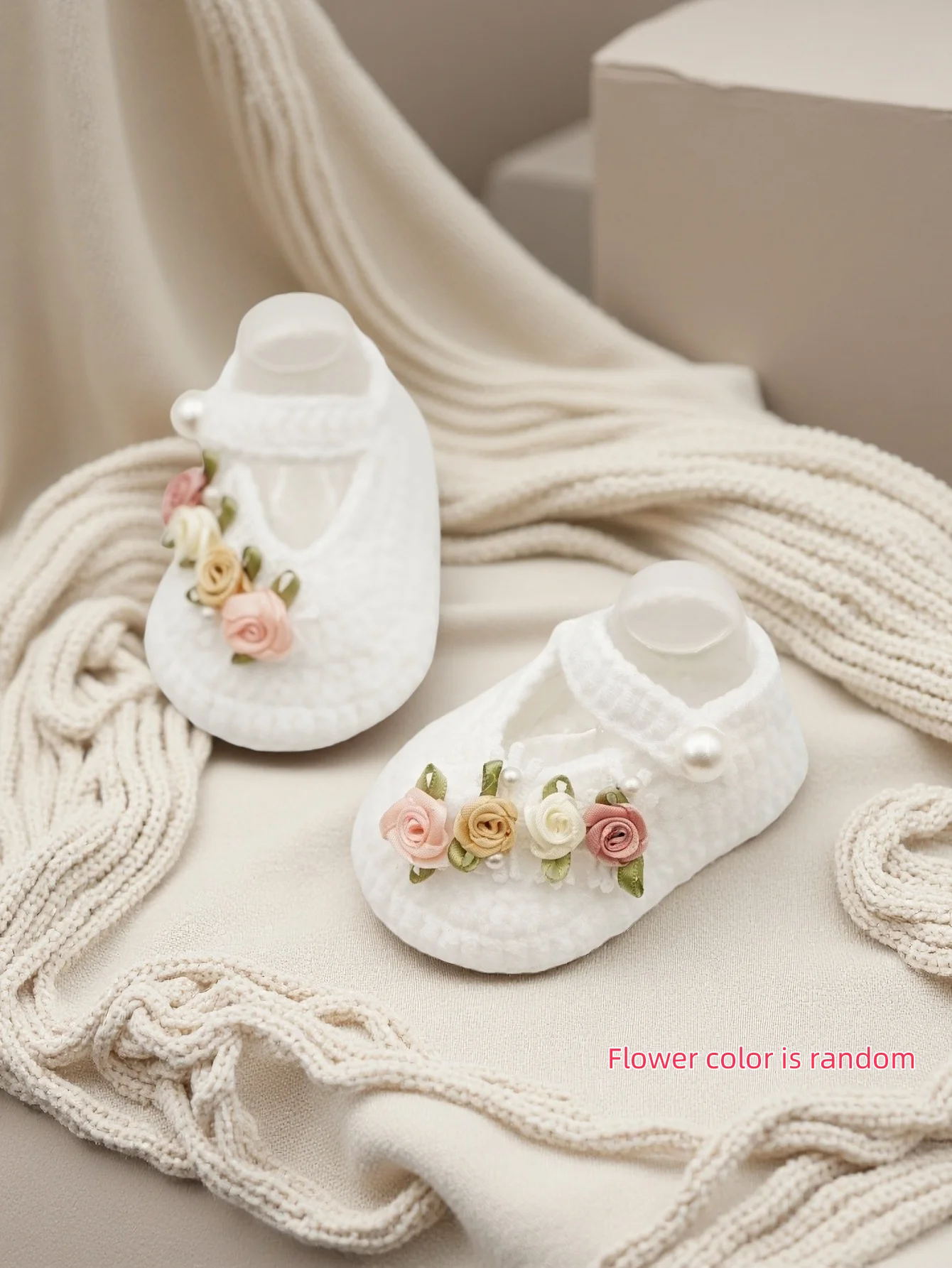 

1 pair Elegant Baby Girl Christening Shoes, White Booties with Floral Accents, Soft Crochet Baptism Slippers with Pink and Cream